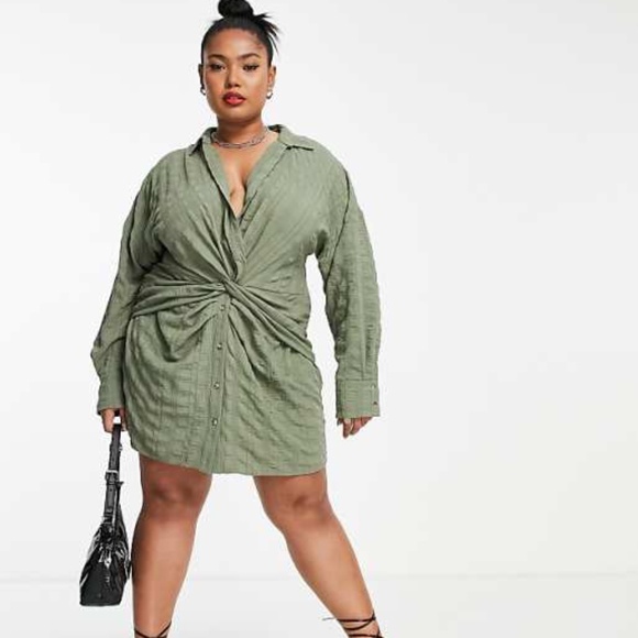 ASOS DESIGN Curve knot front mini shirt dress in khaki - Picture 1 of 8